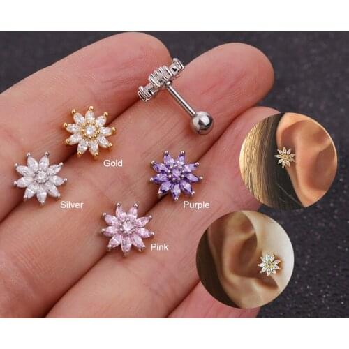 1pc Star Cz Cartilage Zircon Flower Stud Earrings Stainless Steel Piercing Helix Tragus Conch Rook Earlobe Screw Back Jewelry