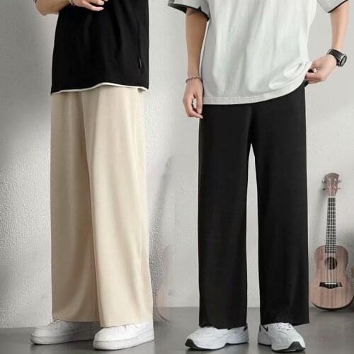 Summer Ice Silk Pants Mens Fashion Khaki Black Casual Pants Men Streetwear Korean Loose Straight Wide Leg Pants Mens Trousers