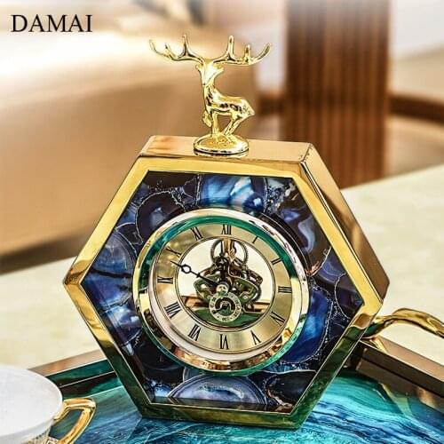 Golden Deer Decorative Desk Clock Animal Decor Agate Texture Electrical Clock Office Desktop Ornaments Living Room Decoration