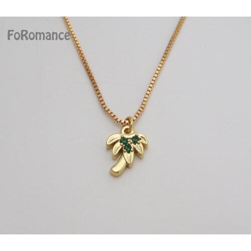 Foromance YELLOW GOLD PLATED 18" BOX LINK CHAIN & Green CZ Coconut Tree PENDANT Trendy Fashion Jewelry for Woman Girl Best Gifts