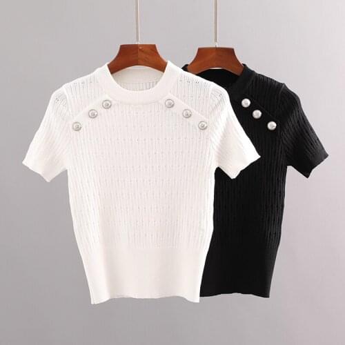 Brand Fashion Women High-end Luxury Summer Metal Buckle Hollow Slim Knitted Short-sleeved T-shirt Tees Top