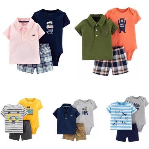 New Born Baby Boys Summer Short Sleeved Clothing Set 3pcs Cartoon Coat + Shorts + Bodysuit Suit Infant Baby Cotton Polo Outfits