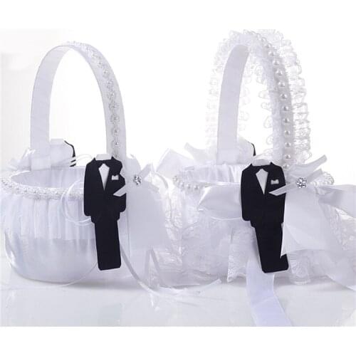 Flower Basket Carrier Pillow Flower Lace Basket For Wedding Party Home Decor Wedding Supplies White Bow Decor Baskets