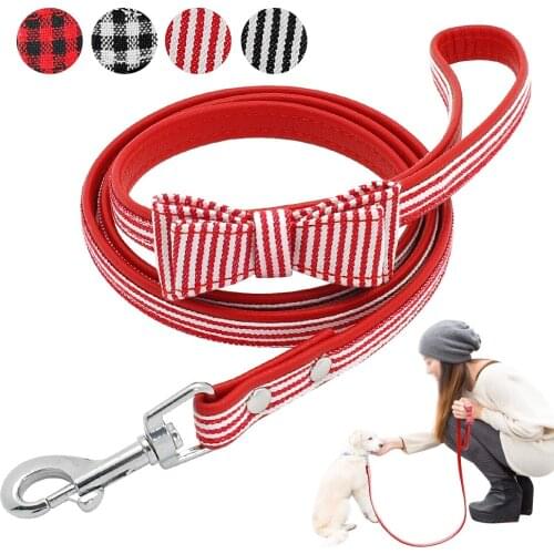 Leather Dog Leash Striped Bowknot Dog Leashes Plaid Puppy Walking Leads For Small Medium Dogs Chihuahua Red Black 120cm