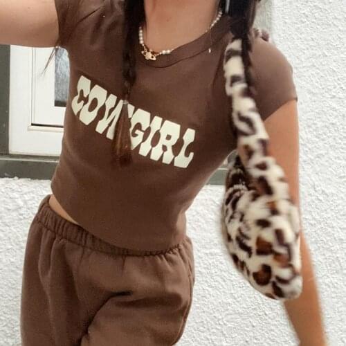 Cowgirl Print Crop Women Tops Harajuku Summer Short Sleeve O-Neck Cotton Graphic Vintage Chic Girls Slim Streetwear Y2K T-shirt