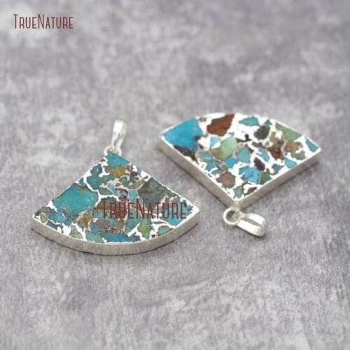 Fan Pendant Mosaic Turquoises Howlite Charm Pendant Silver Dipped Blue Stone Pendant PM26810
