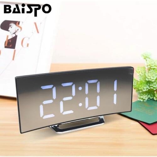 BAISPO Minimalist Led Digital Alarm Clock Curved Screen Temperature Display Clock with Snooze Function Mirror Table Clock Home
