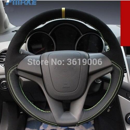 For Chevrolet Cruze High Quality Hand-stitched Anti-Slip Black Leather Black Suede Green Thread DIY Steering Wheel Cover