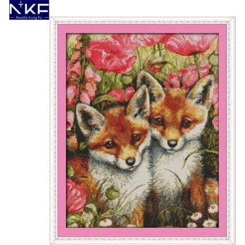 NKF Two Little Foxes Cross Stitch Sets Handmade Craft Painting Needlework Embroidery Kit Animal Cross Stitching for Home Decor