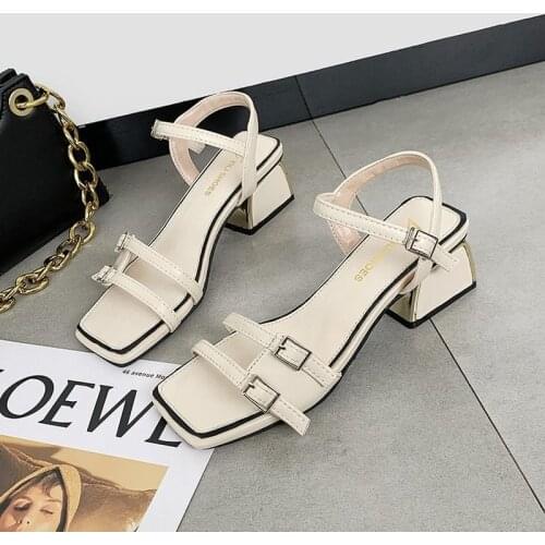 2021 New Brand Womans Leather Ladies Sandals Square Heels Sandals Shoes for Women Summer Casual Black Beach Shoes White
