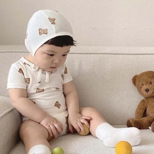 MILANCEL 2021 Summer New Baby Bodysuit Bear Infant Outfits Cute Toddler Pajamas with Hat 2Pcs Casual Clothes