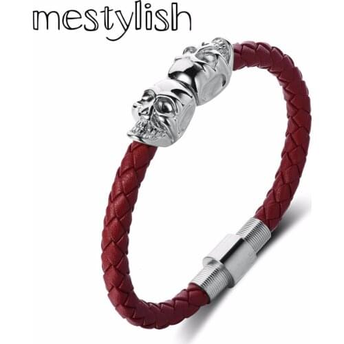 Mestylish New Fashion Stainless Steel Magnetic Clasp Genuine Leather Braided Skull Head Bracelet Jewelry Fit Man and Women Gift