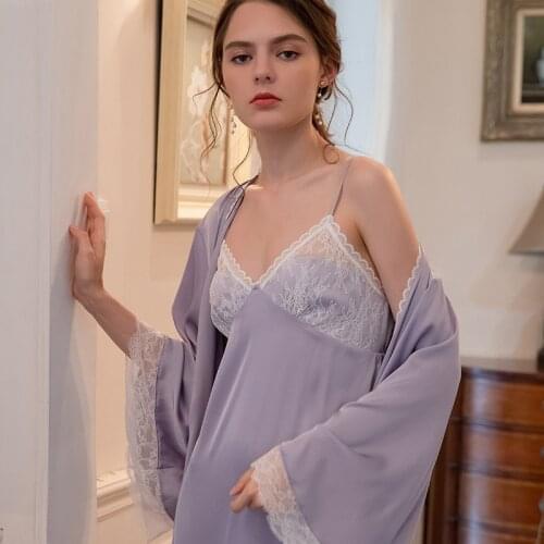 Sleepwear Purple Lace Robes Women Summer Autumn Lingerie Robes Romantic Evening Gowns for Women
