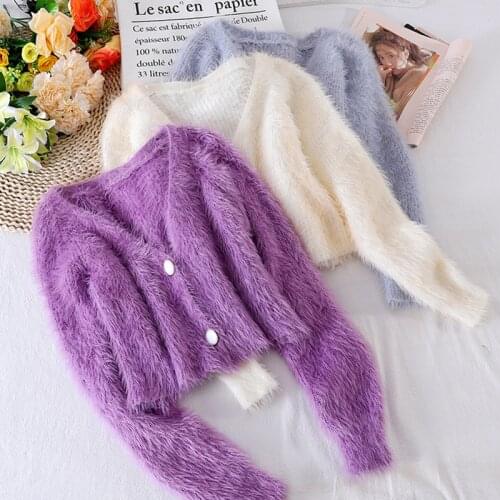 Abrini 2021Autumn Winter Warm Sweater For WomenWomen Velvet Cardigans Sweater Button Up Solid O-neck Thick soft Cashmere Elegant