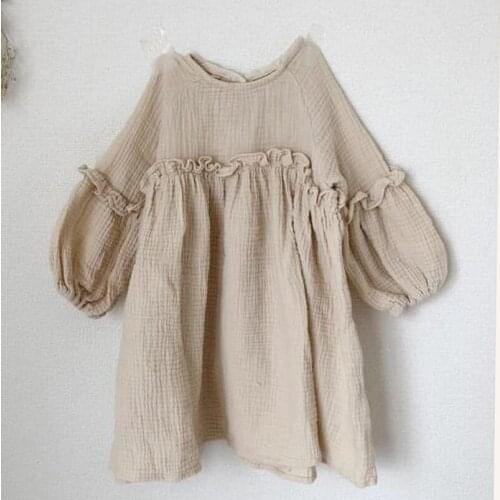 Casual Girls Beach Dress Summer Short Puff Sleeve Fungus Long Dress for Girls Clothes Linen Cotton Kids Dresses for Children