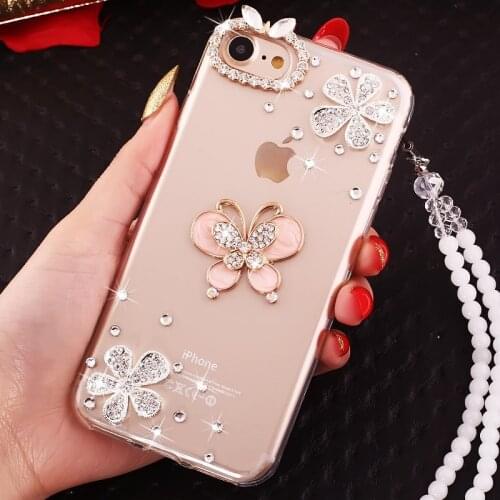 LaMaDiaa Luxury Diamond Butterfly TPU Mobile phone Case With Rope For Samaungj3 j5 j7 2017 j7 Prime j4 j6 j8 Flower Cover Case