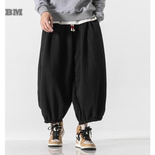 Chinese Style Waffle Corduroy Wide-Leg Bloomers Harajuku Casual Harem Baggy Pants Plus Size Joggers Oversize Cropped Trousers