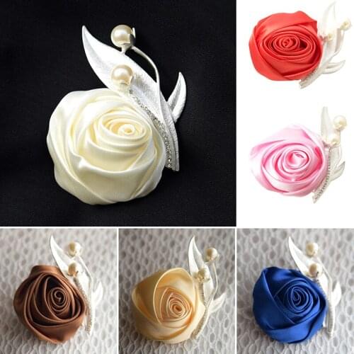 Silk Flower Women Corsage Groom Boutonniere Handmade Satin Ribbon Roses Wedding Party Prom Male Suit Corsage Pin Brooch