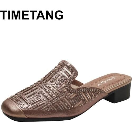 TIMETANGRetro Womens Slippers Mesh Weave Rhinestone Drag 2021 Summer Personalized Shoes Womens Thick Heel Sandals Mules