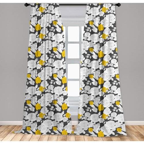 Charcoal Grey Rose Curtains Hand Drawn Style Retro Romantic Blossoms in Yellow and White Window Treatments for Living Room