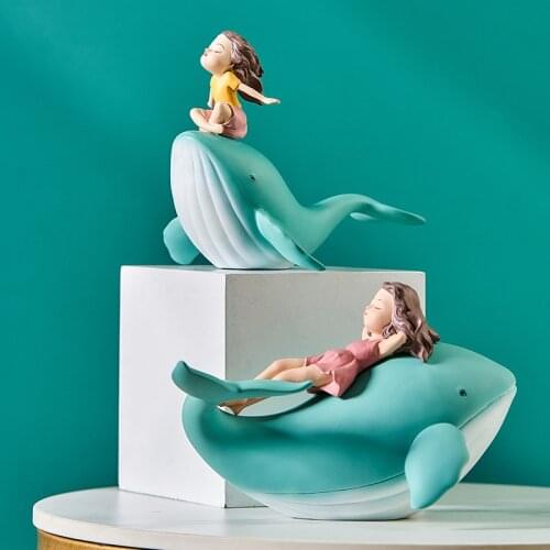 Nordic Whale Girl Statue Resin Figurines Home Decor Creative Cartoon Girl Sculpture Living Room Kid Bedroom Desktop Ornament