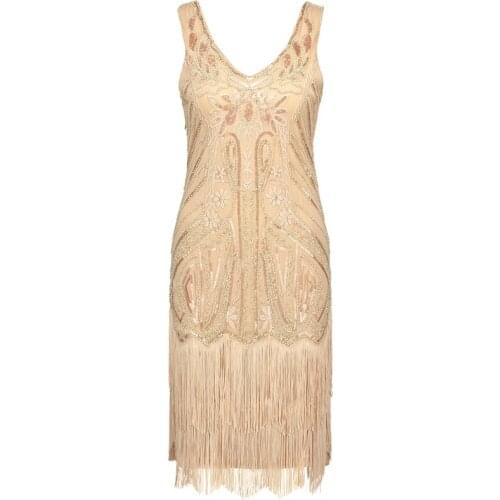 1920s Flapper Dress Filigree Embroidery V Neck Sleeveless Beaded Tiered Fringe Sequin Great Gatsby Dress Party Costume