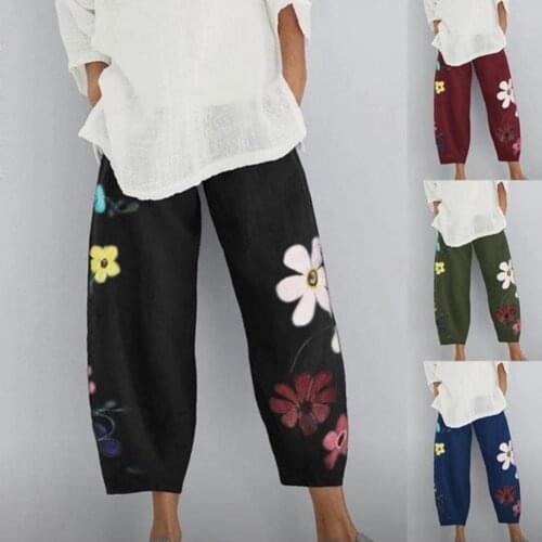 Women Casual Loose Wide Leg Pant Flower Print Leg Pocket Ninth-Length Harem Pants Sweatpants Streetwear for Daily Life