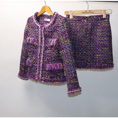 Autumn Winter Elegant 2 Pieces Set Nail Bead Tassels Woolen Tweed Jacket Coat + Elegant A-Line Skirt Suits Women Clothes Outfits