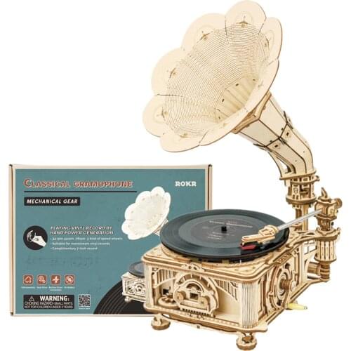 424Pcs DIY Wooden Black Gum Gramophone 3D Mechanical Wood Puzzle Model Educational Toy Gift Ideas For Home Decor-LKB01