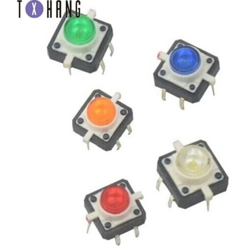 5PCS 1 set 12X12 Tactile Push Button Switch Momentary Tact LED 5 Color 12X12mm 12*12mm 50MA diy electronics