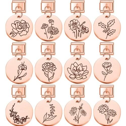 Hapiship 2021 Women/Men 12 Month Rose Laser Round Flower Charm Links Fit 9mm Stainless Steel Bracelet Jewelry DIY Making DJ405