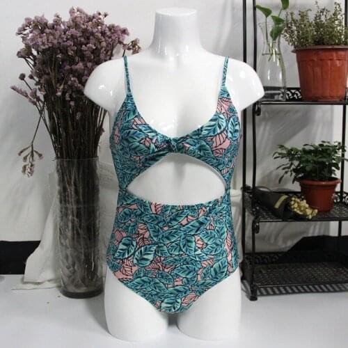 One-Piece Bikini 2021 Women Push Up Vintage Print Bikini Swimwear Bow Swimsuit Beach Set Women Leaf Print Bodysuit Swim Suit
