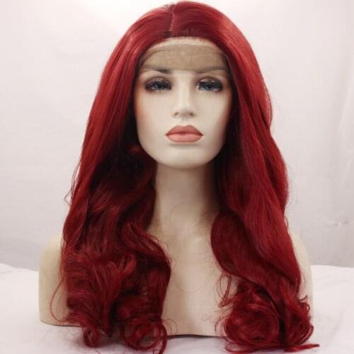 Cheap Long Body Wavy Soft Synthetic Wigs for Women Natural Looking Heat Resistant Dark Wine Red 99j Middle Part Lace Front Wigs