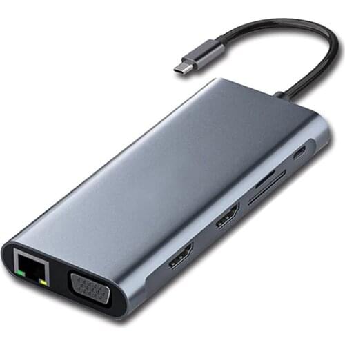 12-In-1 Type-C Docking Station USB-C to Dual HDMI-Compatible Network Ports VGA Computer Hub for and Windows