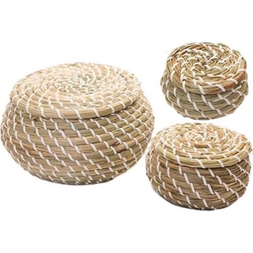 FQYL 1 Set Straw Hand Woven Storage Baskets Wicker Basket with Lid Home Storage Organization