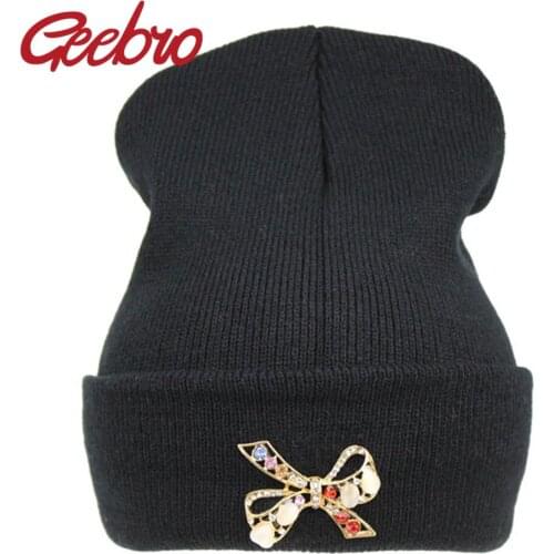 Geebro Fashion Diamond Rhinestone Bow Beanies Female Bowknot Winter Warm Knitted Hat Hip Hop Womens Beanie Hat Bone Gorros