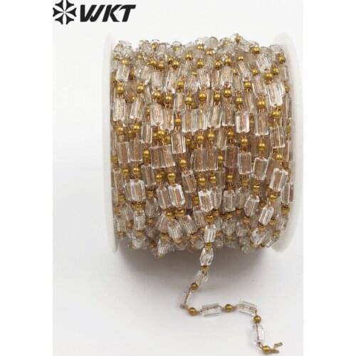 WT-RBC081 Faceted Clear Crystal Beads Chain Luxe Style Jewelry Recetangle Shape Glass With Brass Wire Wrapped Handmade Chain