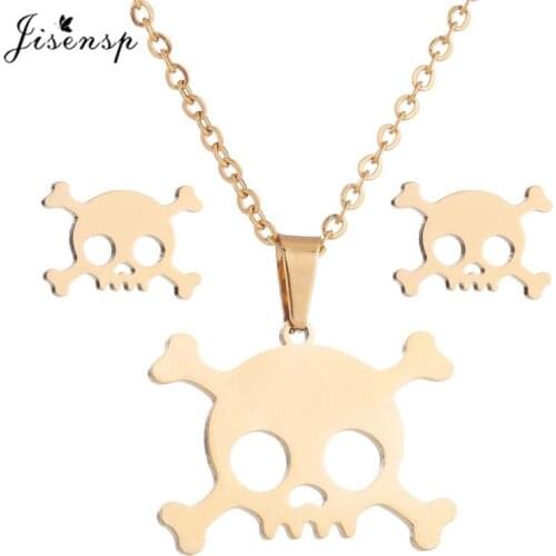 Jisensp Vintage Pirate Flag Charm Necklace Earrings for Women Men Cartoon Skull Stainless Steel Jewelry Sets Friendship Gift