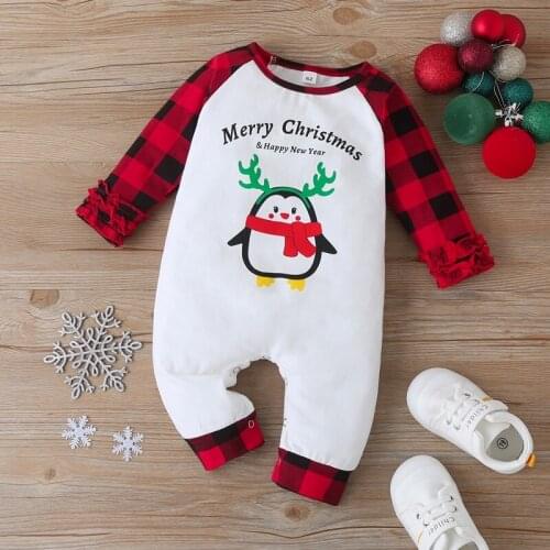 New Baby Christmas Clothes Baby Girl Clothes Cute Antlers Penguin Patchwork Plaid Long Sleeve Baby Jumpsuit Baby Romper 0-18M