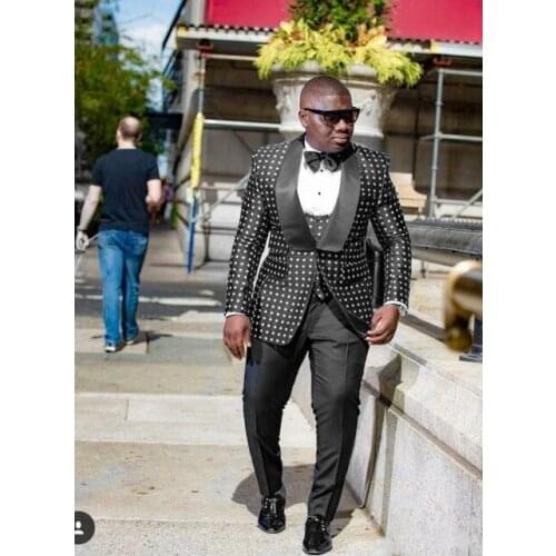 Costume Homme One Button Black Polka Dot Groom Tuxedos Shawl Lapel Groomsmen Mens Wedding Prom Suits (Jacket+Pants+Vest+Tie)