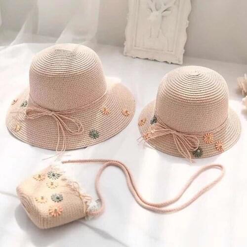 Summer Straw Hat Bag Set Children Flower Fold Visor Beach Child Sun Hat Bag Boys Girls Fresh Korean Sweet Cute Two-Piece Set New