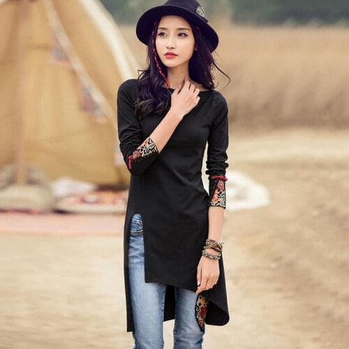 2020 new womens Long Sleeve T-Shirt Medium Long National Style Embroidered top irregular bottom shirt