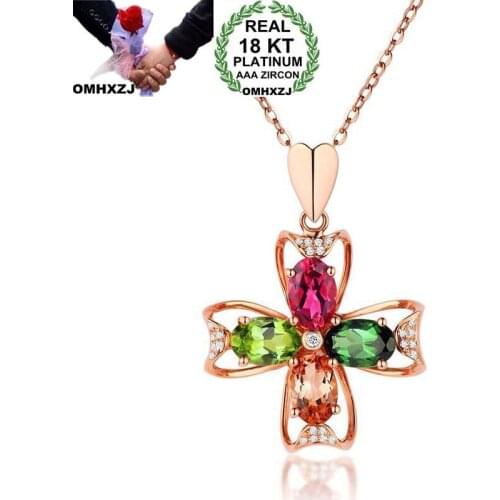OMHXZJ Wholesale European Fashion Woman Girl Party Wedding Gift Colorful AAA Zircon 18KT Rose Gold Necklace Pendant Charm CA208