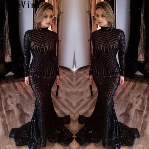 JaneVini Arabic Black Mermaid Prom Dresses Long Sleeve Bling Sequins 2019 Long Evening Party Dress Plus Size Galajurken Lang