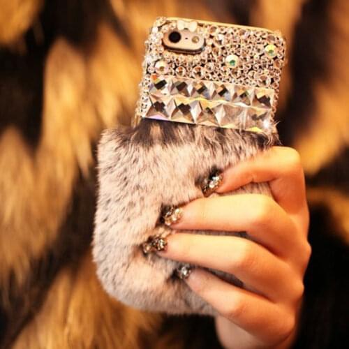 Luxury Bling Crystal Diamond Luxury Rabbit Fur Furry Warm Case Cover For Samsung S20 S21 S10 S9 S8 Plus S7 Note 20 10 9 8 5 case