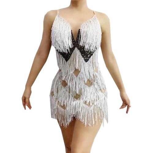Sexy Deep V Perspective Tassel Party Dress Women Stretch Latin Dance Rhinestone Fringes Dress Club Bodycon Dress Stage Wear