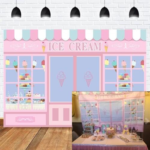 Ice Cream Theme Birthday Backdrop Sweet Dessert Shop Girl Birthday Party Dessert Table Decor Background Pink Ice Cream Parlor