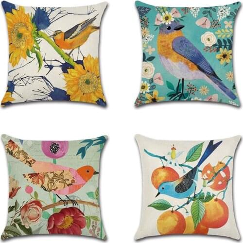 Spring Pillow Case Flower Bird Fruit Sunflower Printing Cushion Cover Home Decorative Animal Linen Car Sofa Waist Pillowcase
