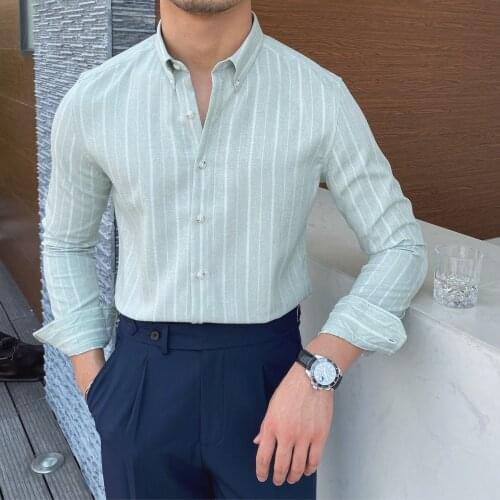 Spring British Casual Slim Shirt Retro Shirt Dress Camisa Masculina Social Italian 2021 Summer Men Long Sleeve Striped Shirt