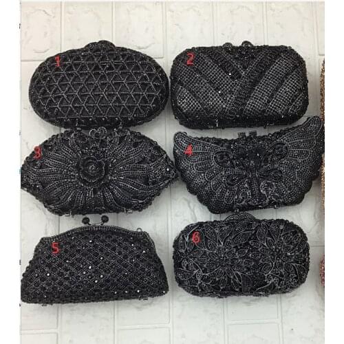 High Quality Black Color Wedding Crystal Evening Purse Metal Rhinestone Diamond Shoulder Bags Handbags Floral Party Clutches